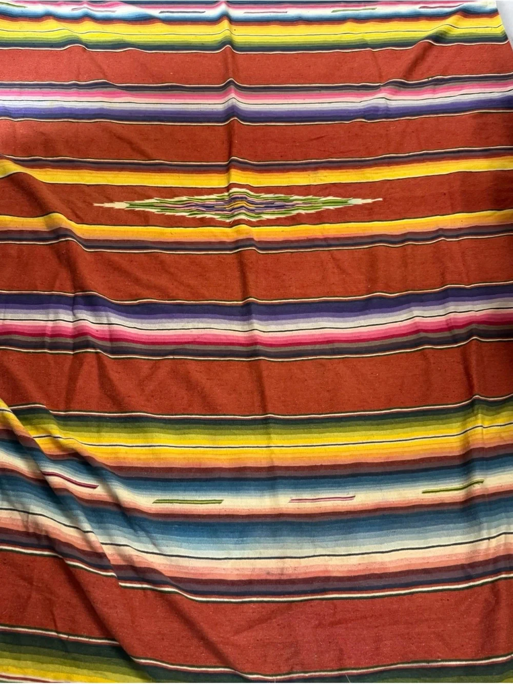 Vintage Handwoven Mexican Saltillo Serape Blanket Red Multi Striped 64x90